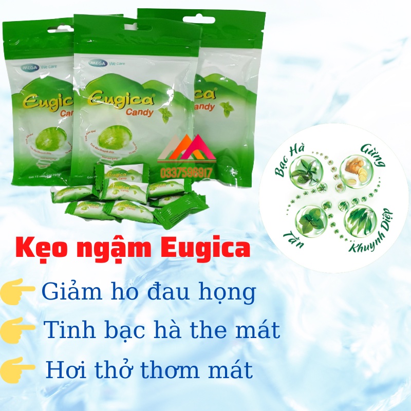 KẸO NGẬM THẢO DƯỢC EUGICA BẠC HÀ THE MÁT - GIẢM HO - LONG ĐỜM - THƠM MIỆNG - TÚI 15 VIÊN TIỆN DỤNG