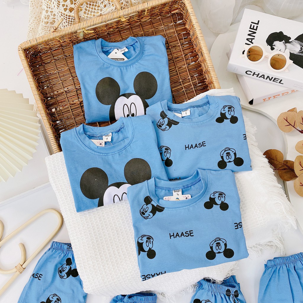 Bộ Quần Áo Dài Tay Mùa Thu In Hình Micky Xanh Trời Vải Cotton Cho Bé Trai Từ 8-20kg Mã DT21