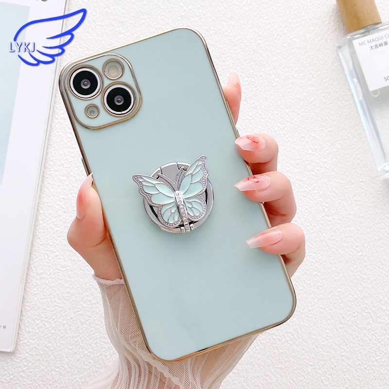 Ốp Điện Thoại tpu Mềm Mạ Điện Màu Trơn Gắn Hình Bướm Có Giá Đỡ Cho iPhone 13 12pro 11promax x xsmax xr 7plus 8plus