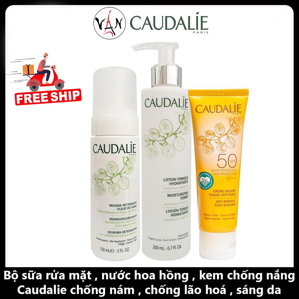 [ Bộ sản phẩm Caudalie ] Sữa rửa mặt 150ml, nước hoa hồng 200ml, kem chống nắng spf50+ 25ml ngừa nám, chống lão hoá