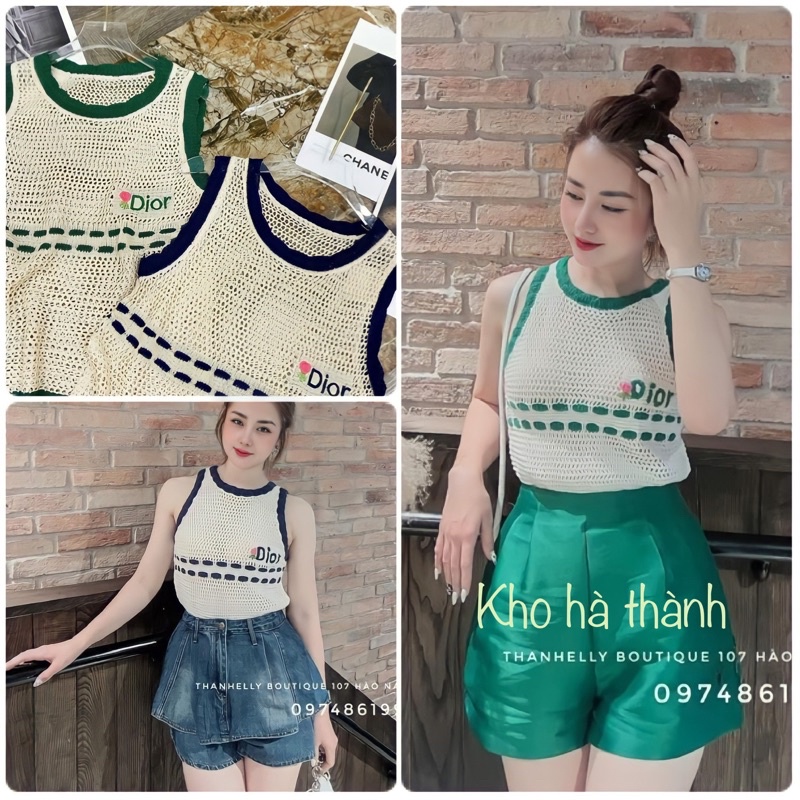Áo len lưới ba lỗ DR viền xanh cho nữ