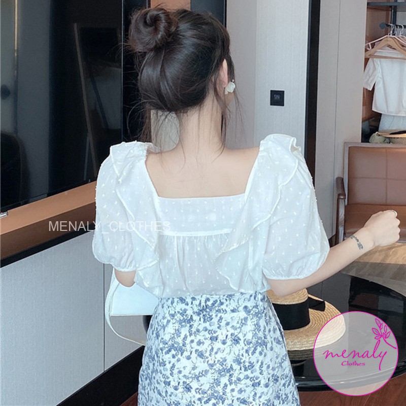 Áo kiểu nữ cổ vuông tay bồng cộc tay màu trắng AH024, mẫu áo chất liệu dập nổi có bèo dọc cổ áo nữ tính điệu đà