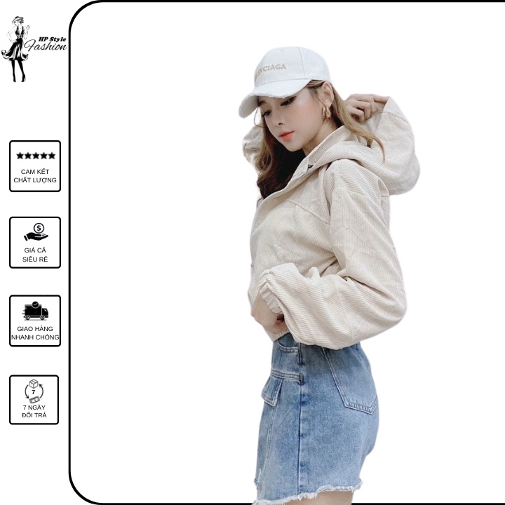 Áo khoác nhung gân nữ thời trang mới mẫu trơn form lửng có nón chống nắng