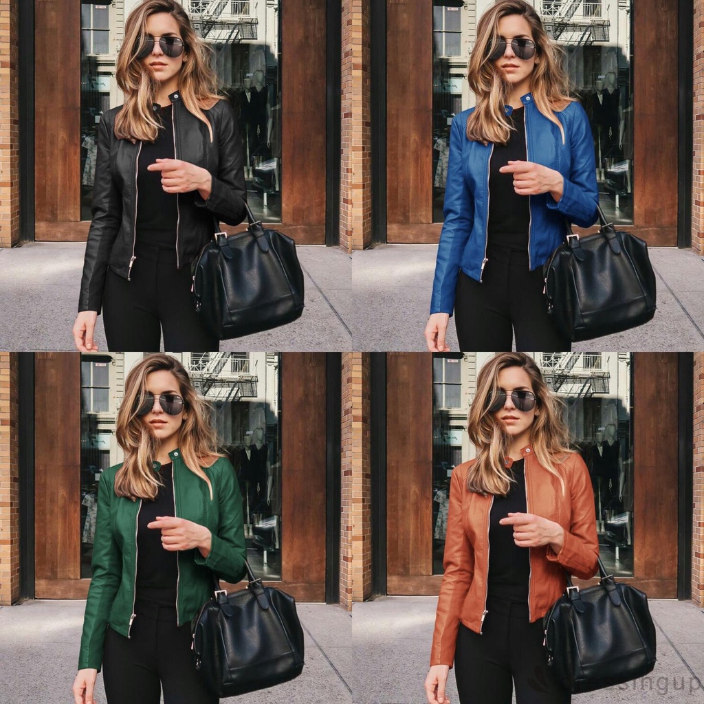 Áo Nữ Da Pu Cổ Đứng Có Dây Kéo