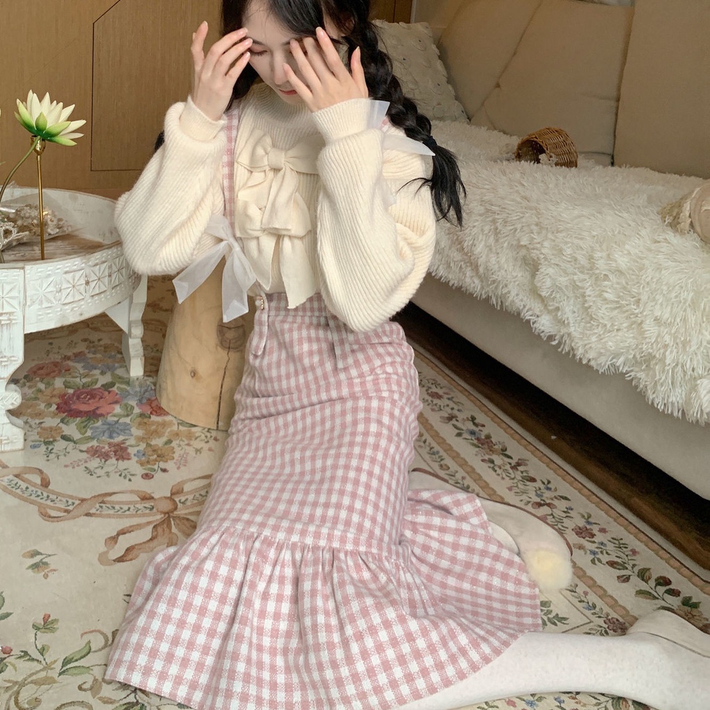 Set áo sweater dáng rộng + chân váy yếm thời trang thu đông mới cho nữ