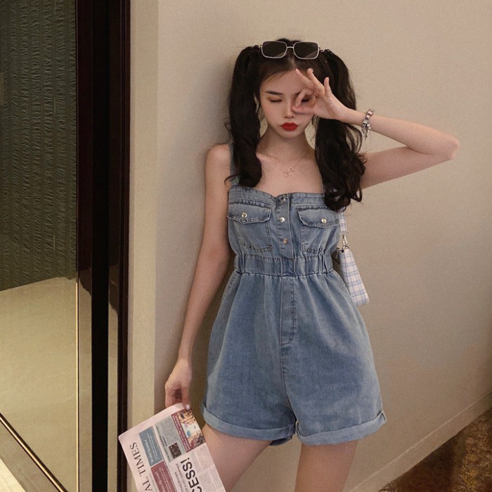 Jumpsuit jeans áo 2 dây dính liên thân quần short ngắn ulzzang ( 2 màu )