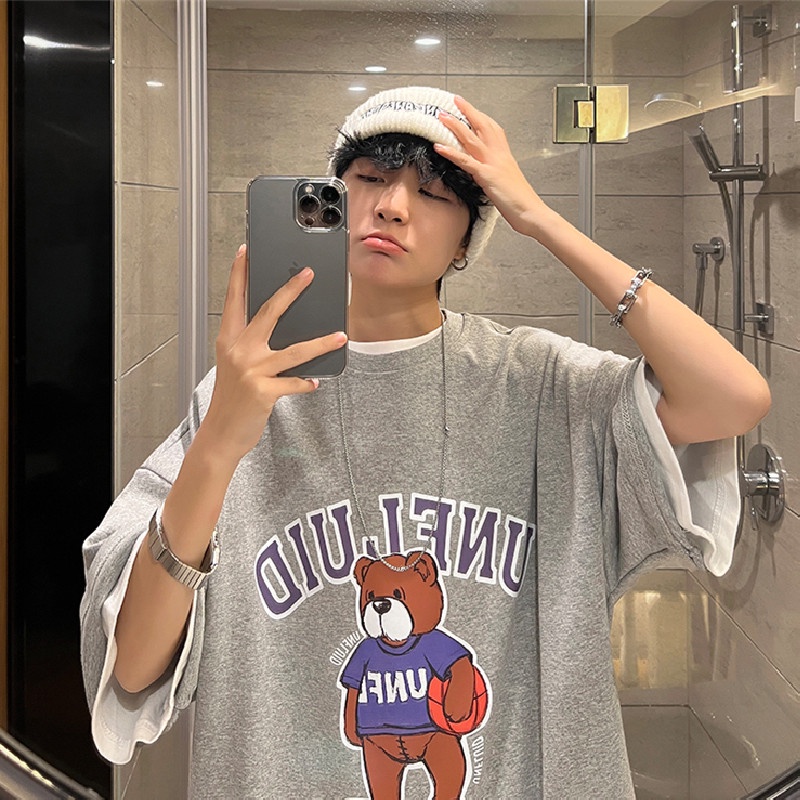 Áo Thun Tay Ngắn Dáng Rộng In Họa Tiết Hoạt Hình Phong Cách Hip Hop Hàn Quốc Thời Trang Cho Nam