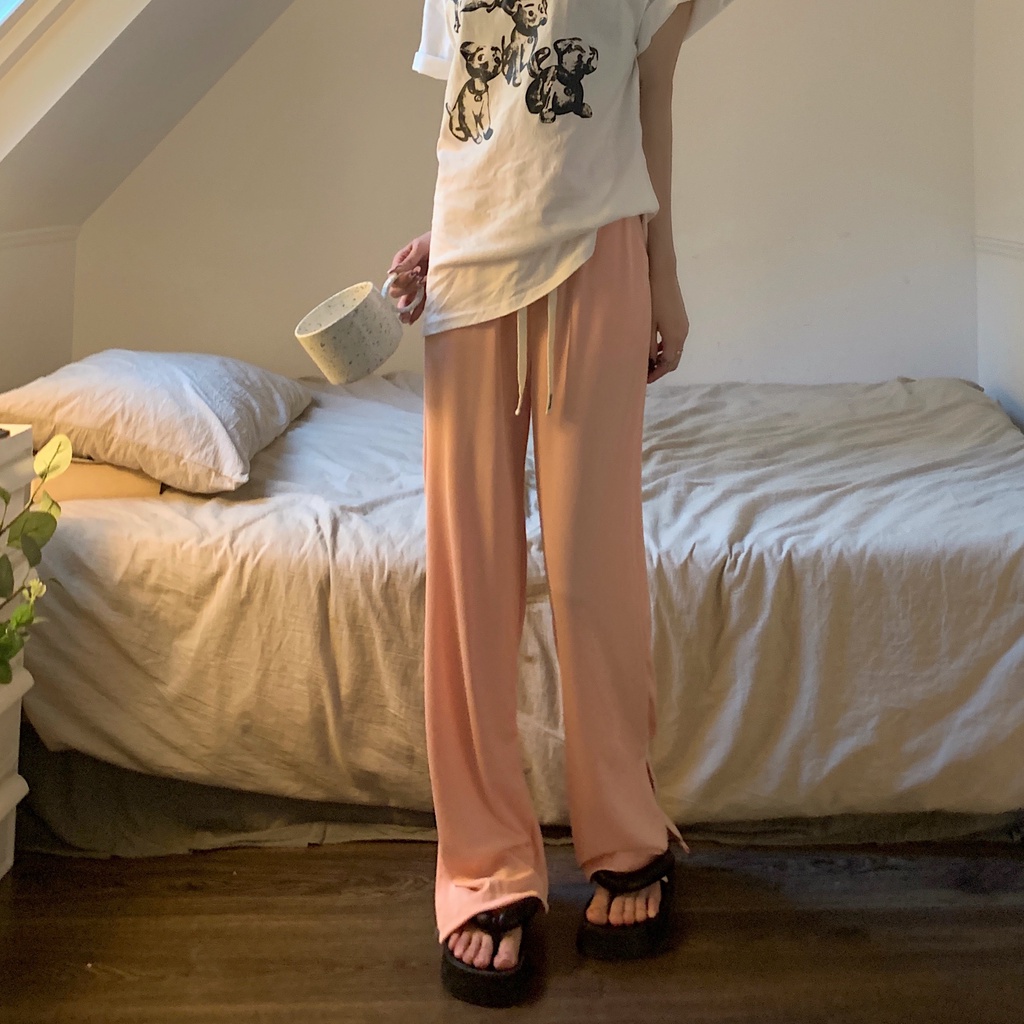 Quần ống rộng Lưng Cao Vải Lụa Mát Mỏng Phối Dây Rút 5 Màu Sắc Trẻ Trung