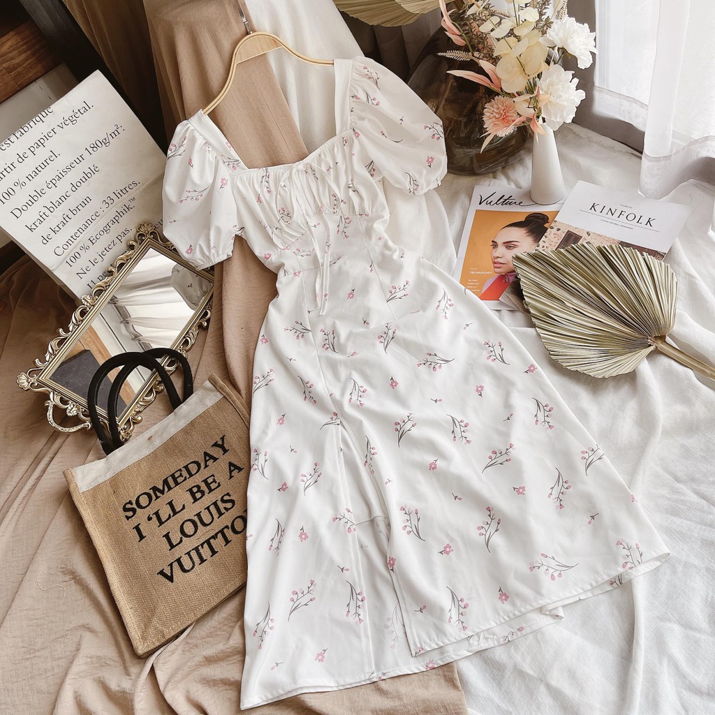 Đầm maxi hoa nhíu ngực thắt nơ xẻ đùi | BigBuy360 - bigbuy360.vn