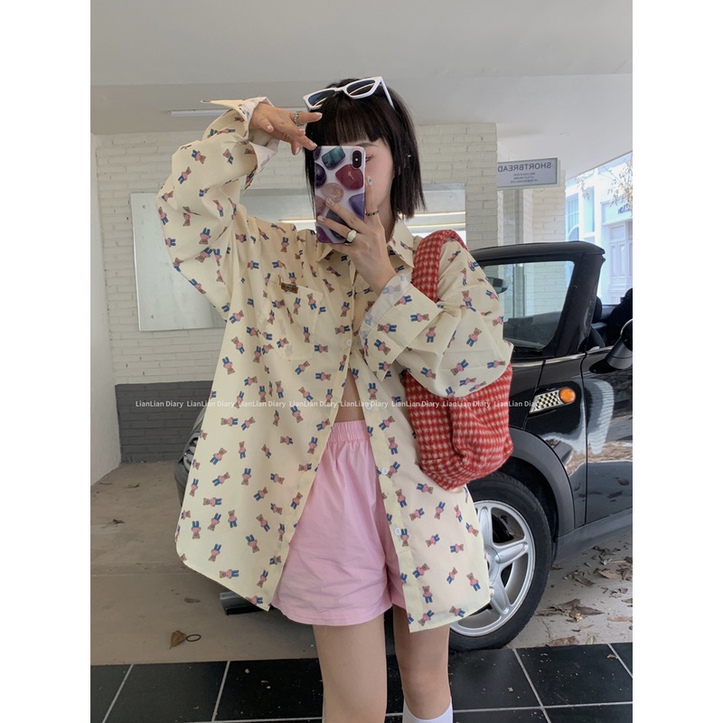 Áo Sơ Mi Tay Dài Dáng Rộng In Họa Tiết Chú Gấu Phong Cách Hàn Quốc Cổ Điển Thời Trang Cho Nữ