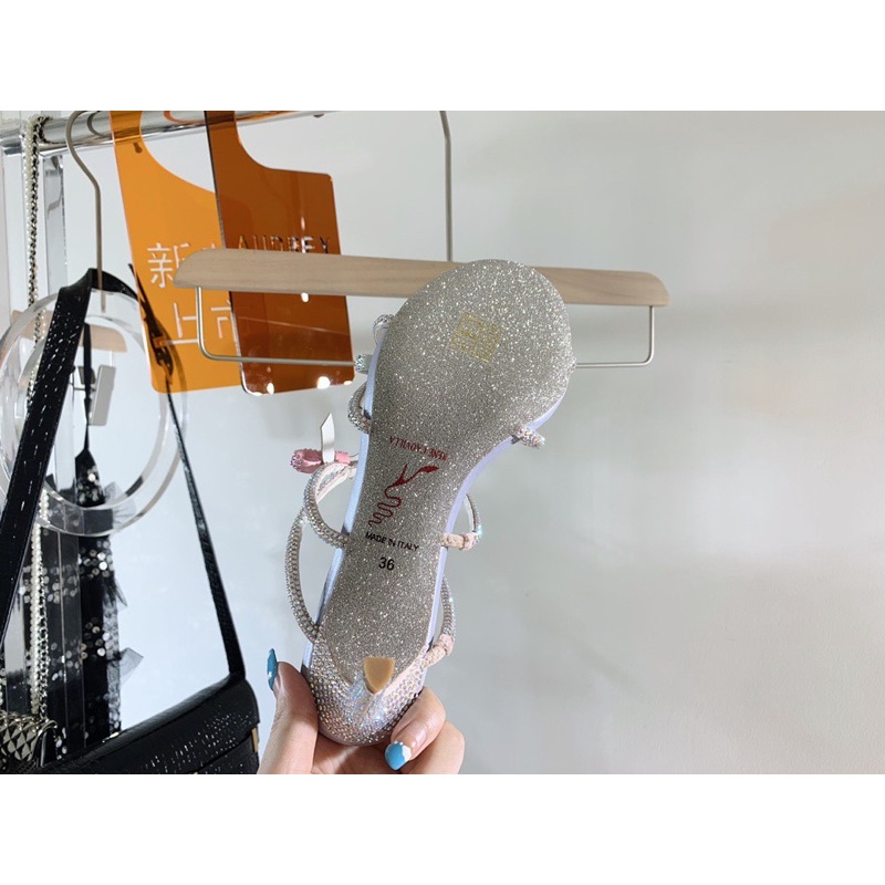 Dép cao gót 4 quai nhỏ đính đá thương hiệu Rene Caovilla da thật cao cấp