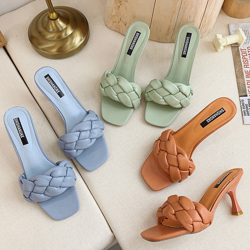 Big Size 35-42 Giày Sandal cao gót nữ hở gót phối dây cao 7.5cm