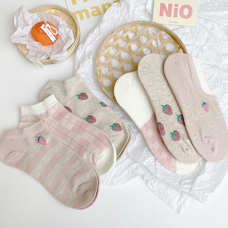 Vớ Tất Cổ Ngắn Trái Dâu Cotton kháng khuẩn, hàng loại 1 bao đổi trả dành cho cả nam và nữ