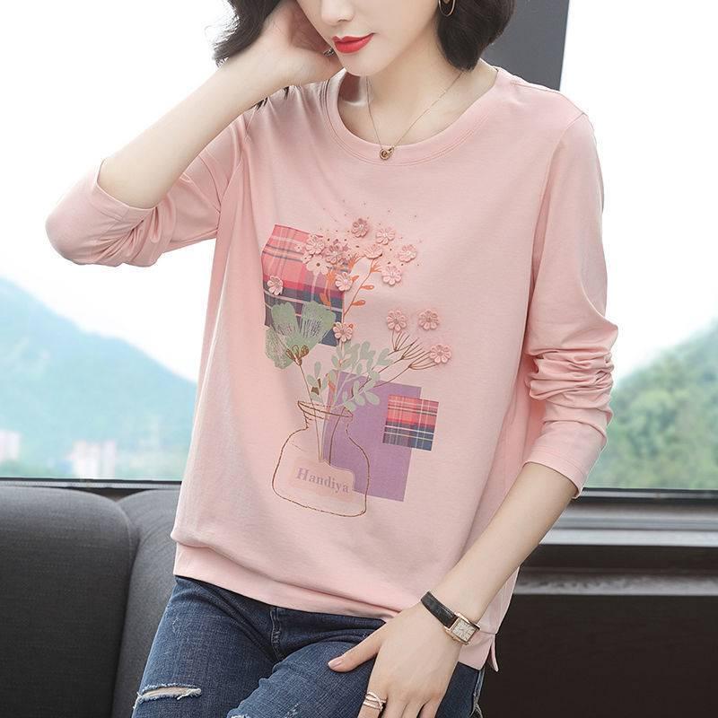 Áo thun tay dài cổ tròn in họa tiết thời trang cho phụ nữ trung niên