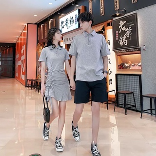 Đầm thun đôi, đồ đôi nam nữ, áo váy đôi xám cổ bẻ rút eo 1 bên