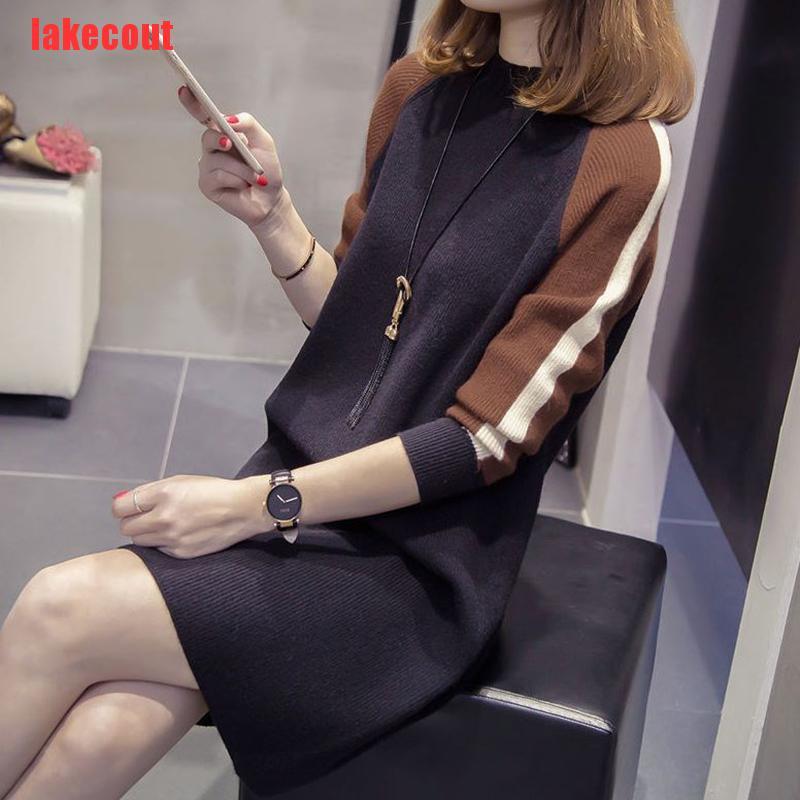 {lakecout}Women Sweater Dress Long Sleeve Knit Dresses Knitted Sundress Casual Mini Loose BZT