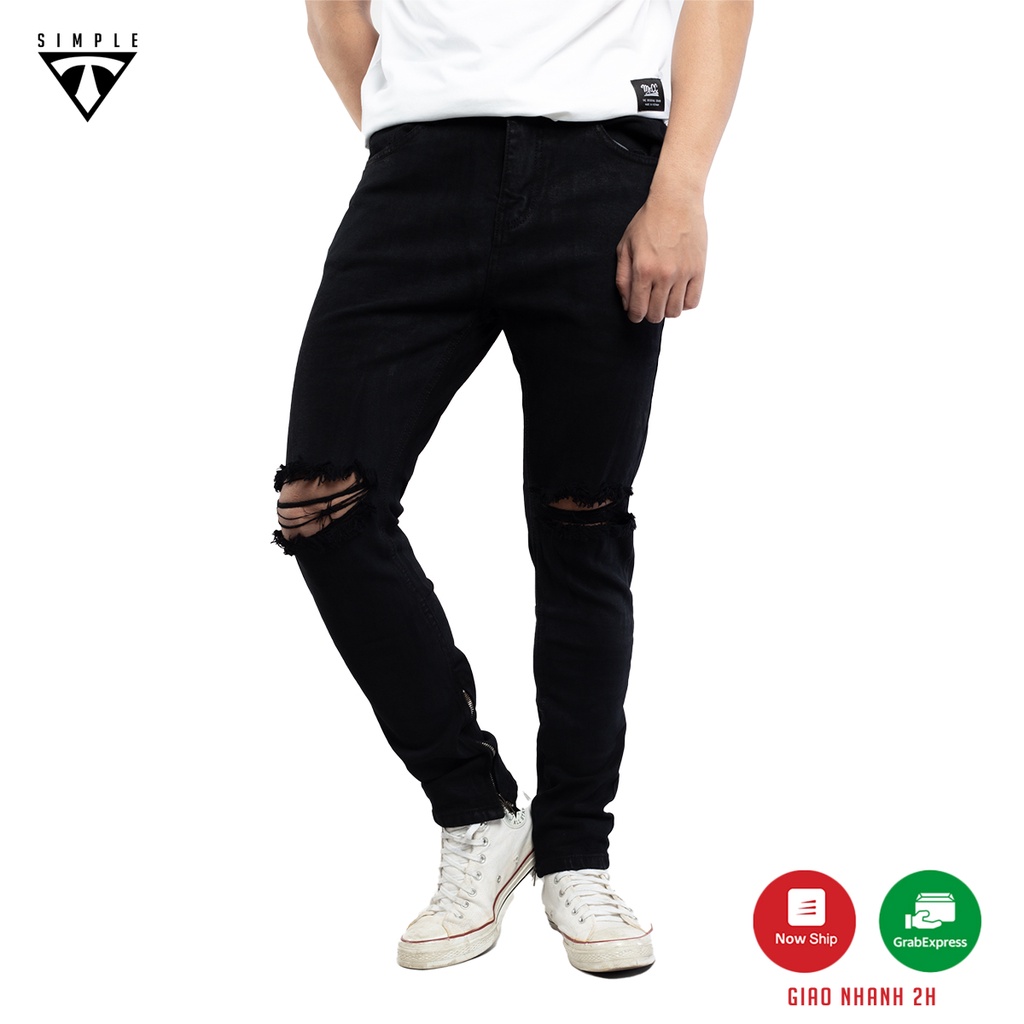 Quần Jean Nam Đen TSIMPLE rách gối chất bò cao cấp co giãn form slimfit QJRZ01 | WebRaoVat - webraovat.net.vn