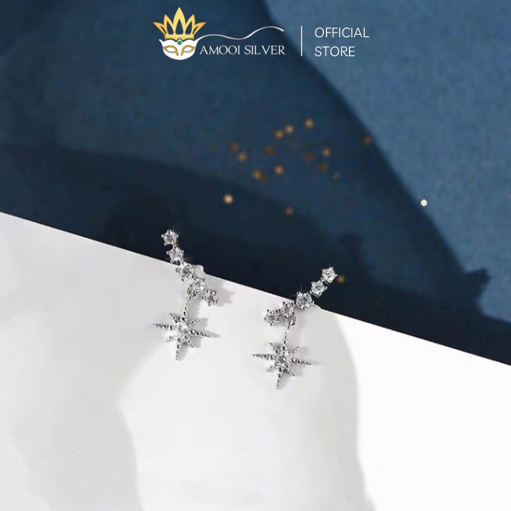 Bông Tai Bạc S925 Dãy Ngân Hà Ngôi Sao Rơi Sáu Cánh Đính Đá Sang Trọng - Amooi Silver AB70