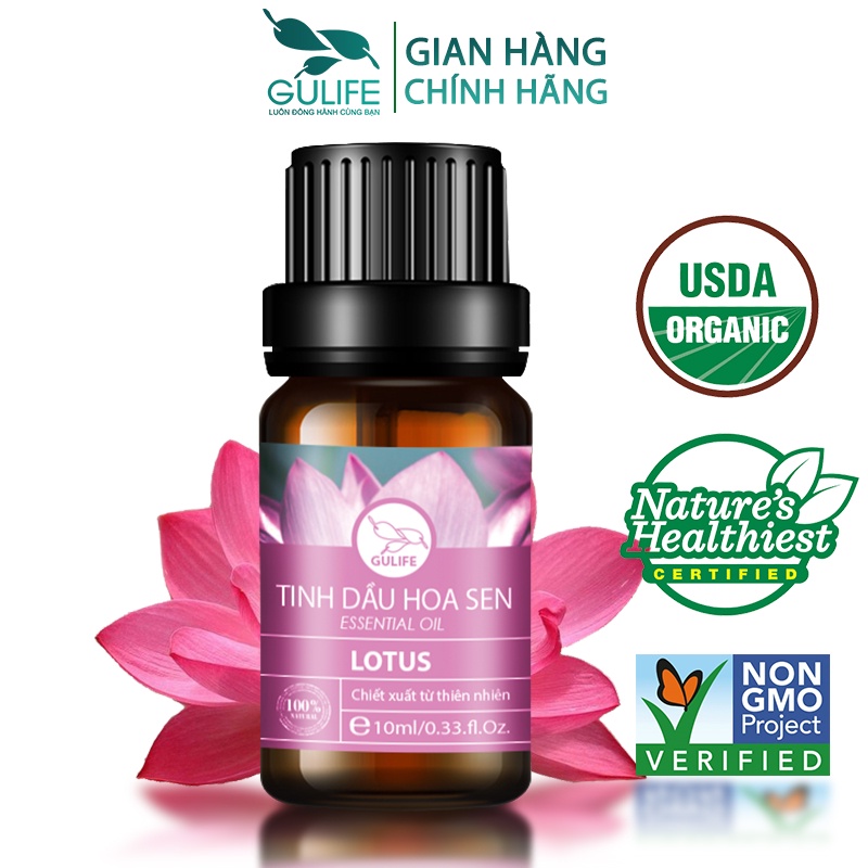 Tinh dầu thiên nhiên Hoa sen nguyên chất Gulife Essential Oil, xông phòng làm thơm và thư giãn, kiểm định COA 10-50ml