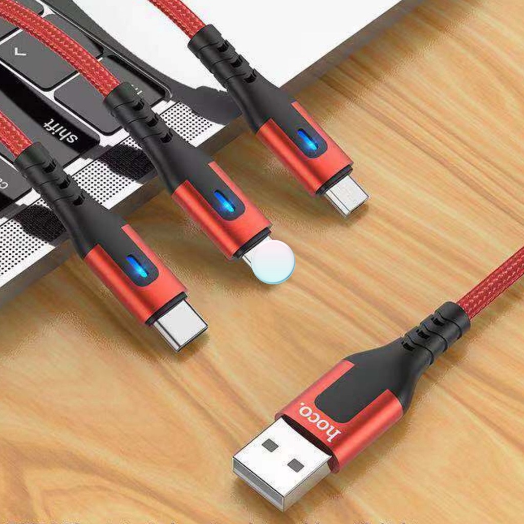 Cáp Sạc Dù Báo Đèn 3 đầu Hoco DU08 3in1 (Truyền dữ liệu và sạc)