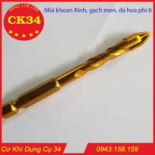 Mũi khoan kính, thủy tinh, gạch men, gạch đá hoa chuôi lục giác phi 6 xoắn vàng