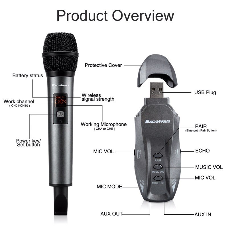 Micro karaoke đa năng không dây Excelvan K18V (1 Mic) - giải pháp karaoke cho các loa xách tay Bose, JBL, Loa kéo, Ampli