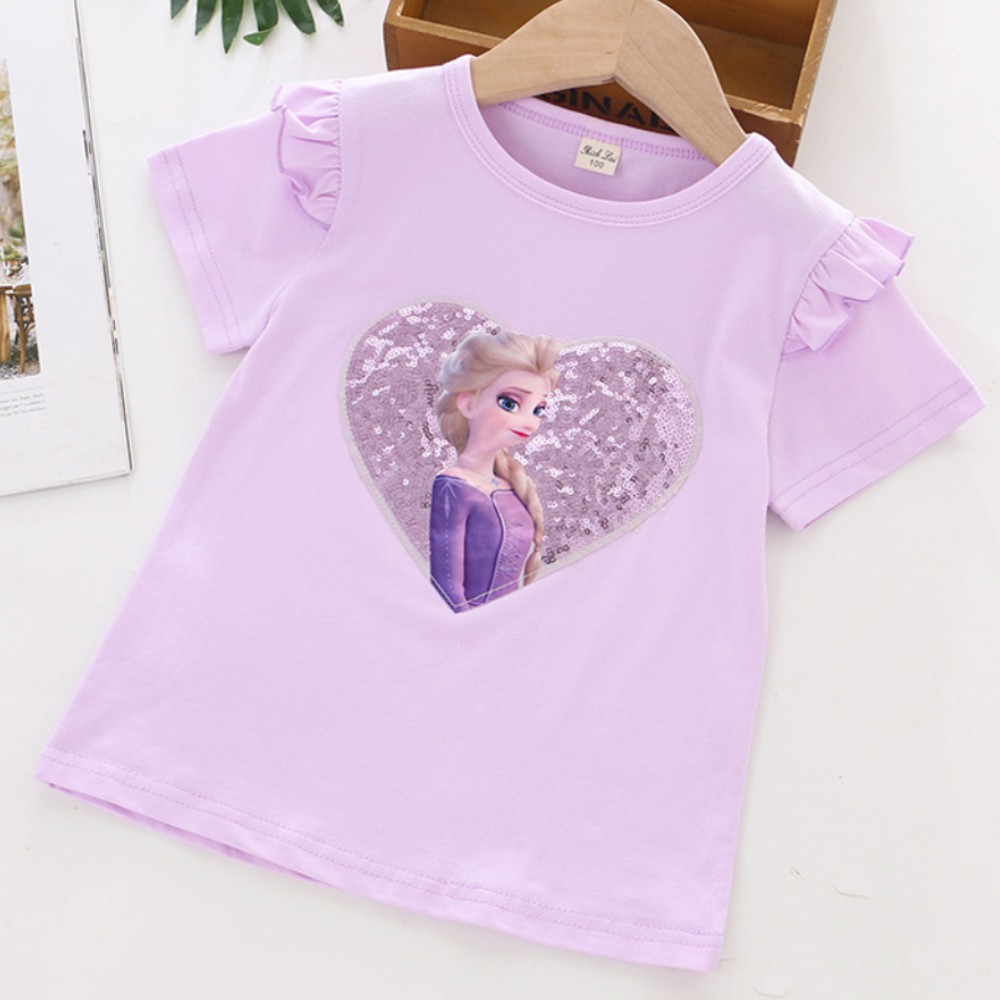 Áo thun cổ tròn tay ngắn in hình công chúa thời trang mùa hè dành cho bé gái