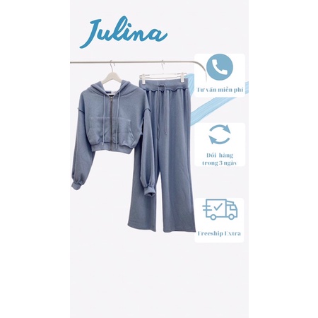 Bộ đồ thu đông phong cách Hàn Quốc Julina bộ thể thao dài tay màu tím xanh dương set nỉ quần ống rộng chất đẹp tôn dáng
