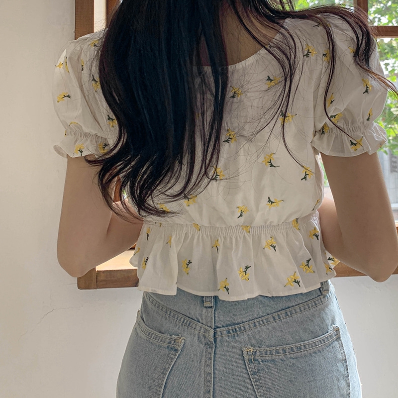 SUXI Áo Sơ Mi Tay Phồng Thêu Hoa Xinh Xắn Cho Nữ