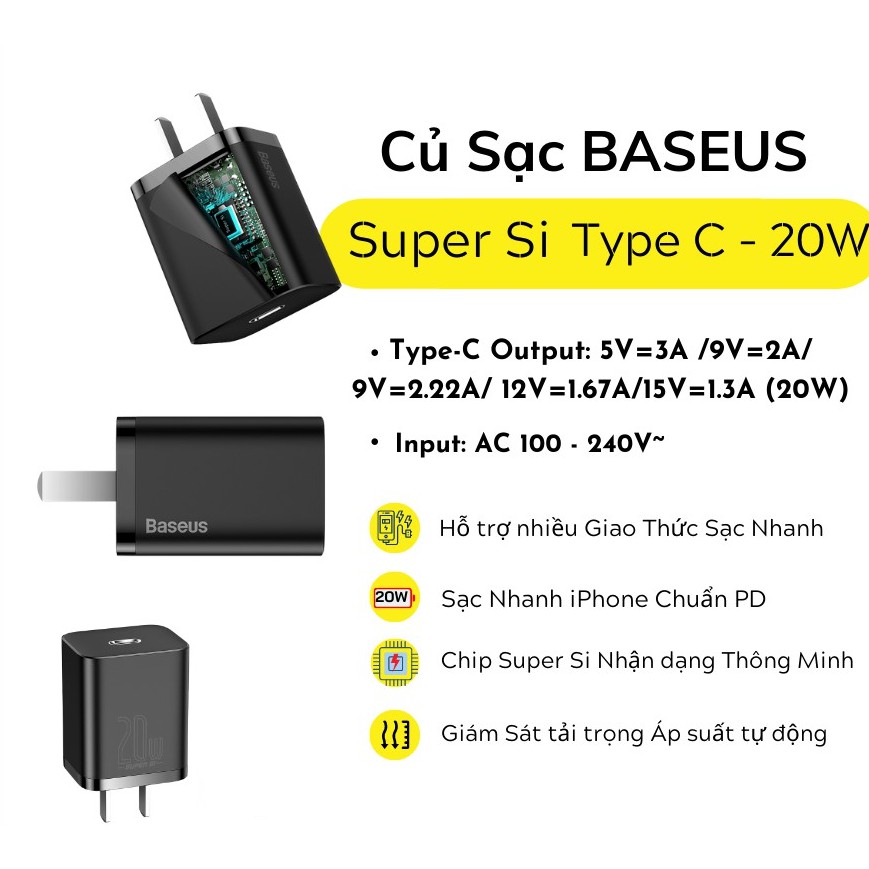 Bộ sạc nhanh 20W USB Type C Baseus Super SI Quick Charger QC3.0 PD cho iPhone [Củ Sạc 20W + Cáp Sạc 20W]