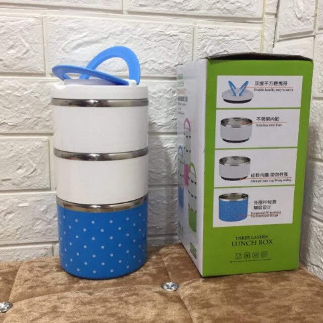 Hộp cơm giữ nhiệt chấm bi 3 tầng ruột inox LUNCH BOX