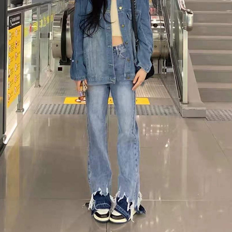 Personalized Street hot girl design style pants contrast color stitching denim straight wide leg loose trousers mop pants trendy uA4P
