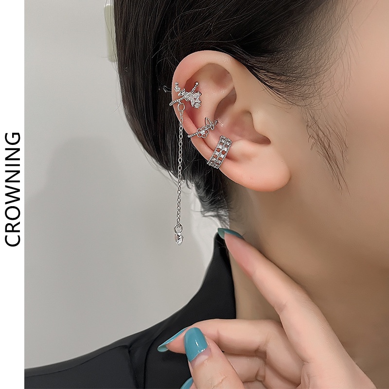 Bông Tai Dạng Kẹp Hình Ngôi Sao/Hoa/Bướm Tua Rua Không Xỏ Lỗ Đính Đá Zircon Thời Trang Dành Cho Nữ F757