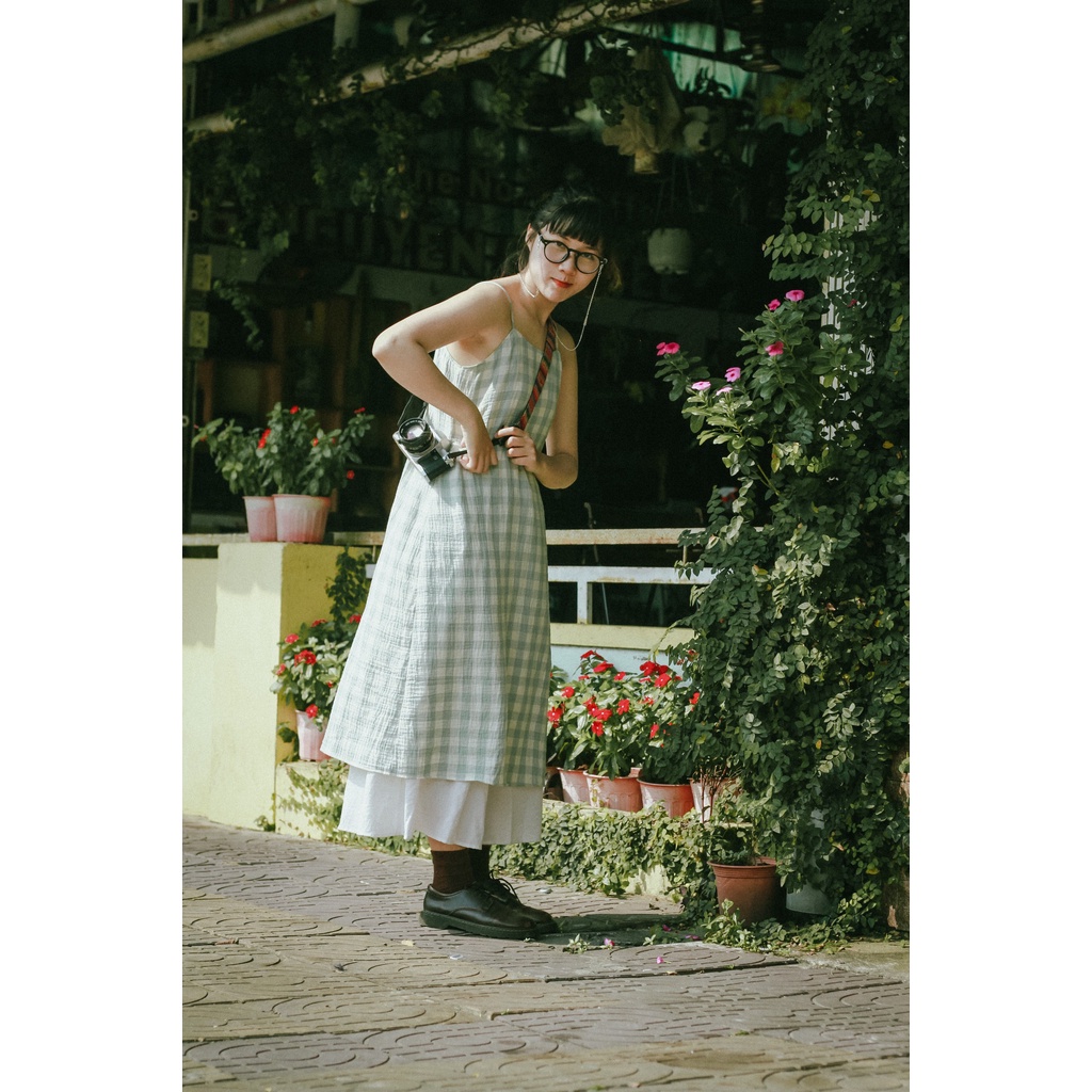 Váy 2 Dây Kẻ Caro Xanh Đậu Xô Muslin Kèm Chân Váy Dài Vui Đông Xuân/ Tết Nhẹ Nhàng