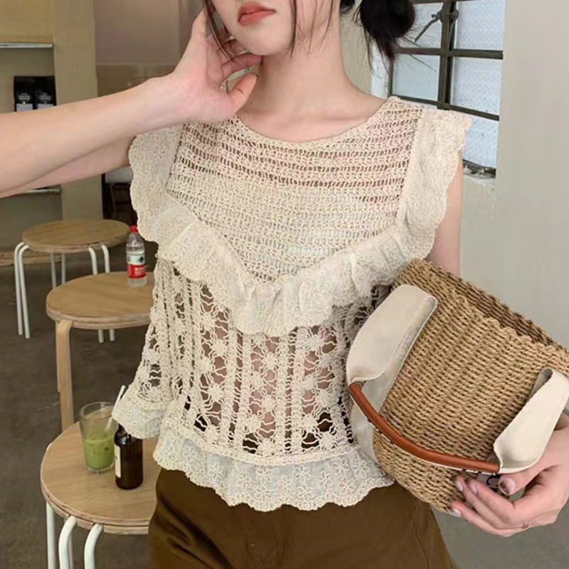 Áo Hai Dây Mỏng Không Tay Nhún Bèo Dễ Thương Cho Nữ