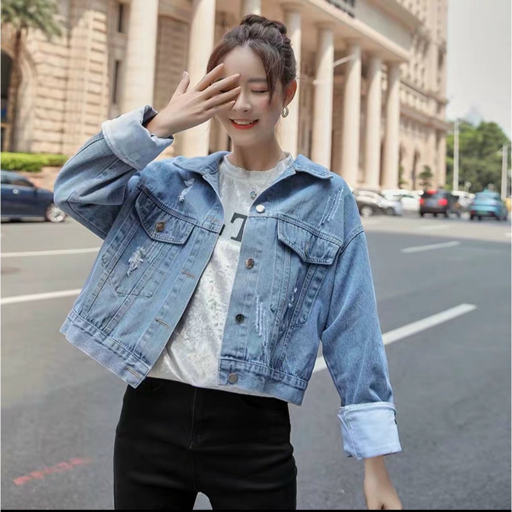 Áo khoác jean nữ lật tay form lững skjy - freesize dưới 58Kg