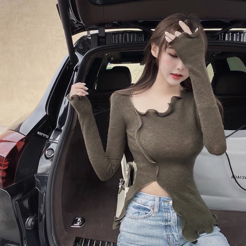 Áo Len Dệt Kim Ôm Dáng Viền Gợn Sóng Gợn Sóng Phong Cách Phương Tây Quyến Rũ 84VR
