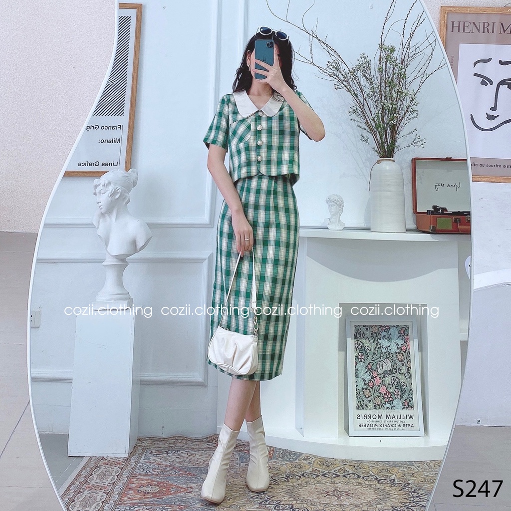 Set Áo Vest Cổ Bèo Chân Váy Dài Kẻ Caro Phong Cách Hàn Quốc Thanh Lịch S247