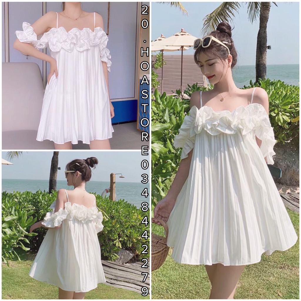 Đầm Bèo Trắng Dập Li 2 Dây - Váy Nữ Trễ Vai Viền Bèo Hai Dây Chất Đũi Dáng Xòe Xếp Ly Màu Trắng