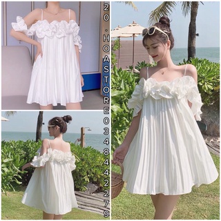 Đầm Bèo Trắng Dập Li 2 Dây - Váy Nữ Trễ Vai Viền Bèo Hai Dây Chất Đũi Dáng Xòe Xếp Ly Màu Trắng