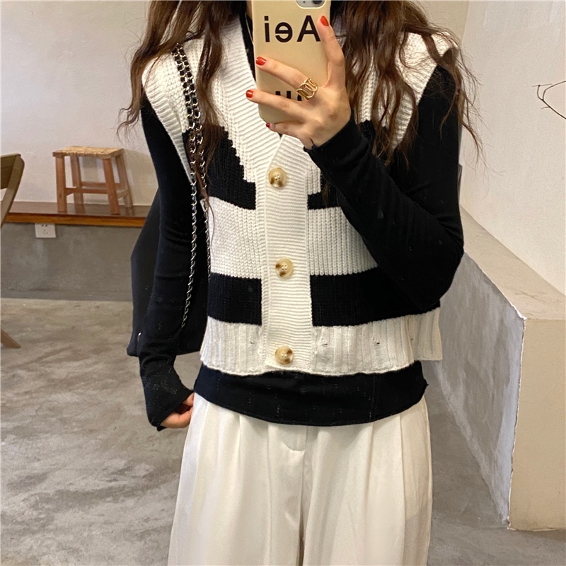 Áo len không tay cổ chữ V họa tiết kẻ sọc màu sắc thời trang | BigBuy360 - bigbuy360.vn