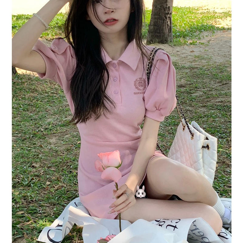 AMOI Đầm Sơ Mi Tay Ngắn Phồng Cổ Polo Ôm Eo Thời Trang 2022 Cho Nữ