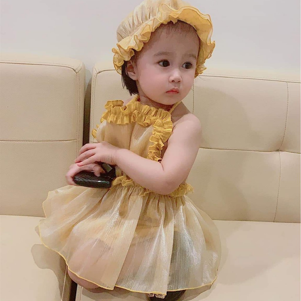Set Body váy yếm vàng kèm nón cho bé gái ⚡ 𝗙𝗥𝗘𝗘𝗦𝗛𝗜𝗣 ⚡ Hàng thiết kế - Chất liệu cao cấp và an toàn cho bé