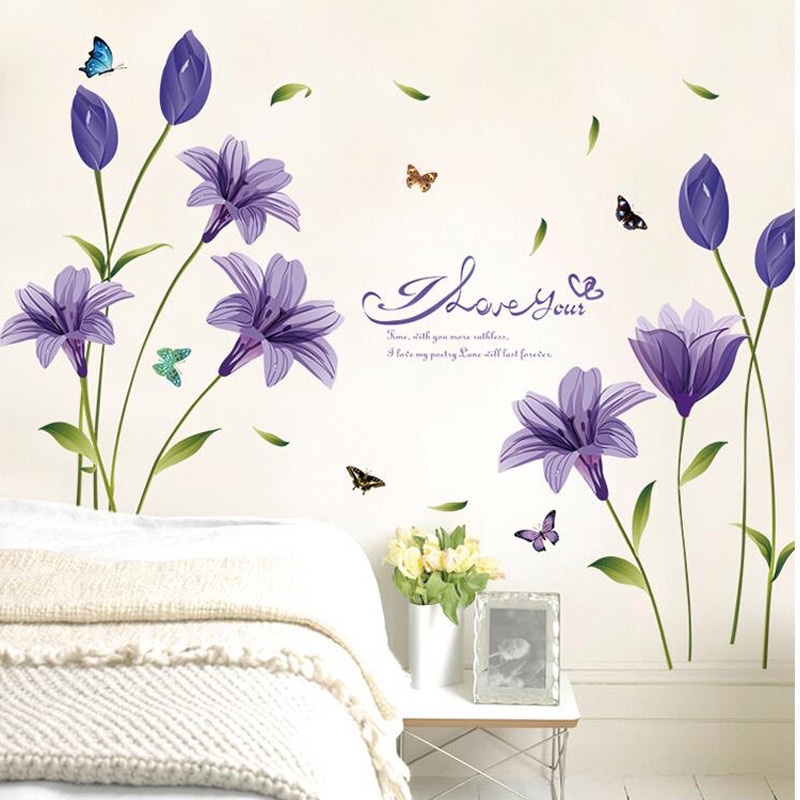 Decal dán Tường phòng ngủ mẫu Tuy Líp Tím + hồng