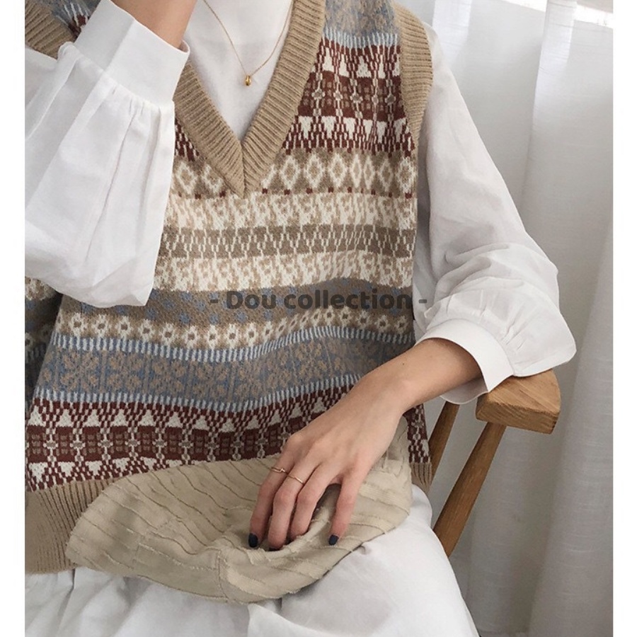 Áo Gile Họa Tiết Thổ Cẩm Vintage Áo Len Không Tay Dáng Xuông Cá Tính Thời Trang Thu Đông - Mã TA009