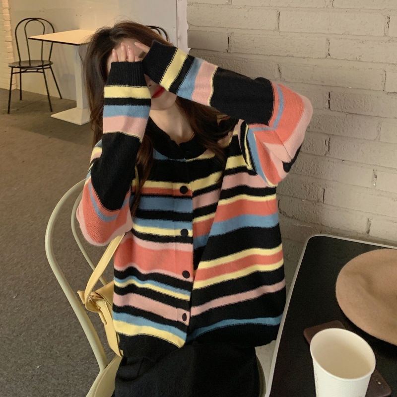 Áo Cardigan Dệt Kim Mỏng Kẻ Sọc Cầu Vồng Phong Cách Thời Trang Pháp Mới Dành Cho Nữ