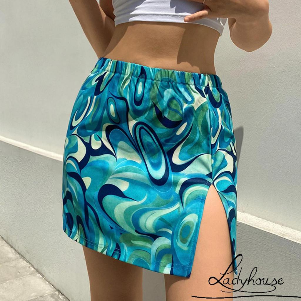 Chân Váy Ngắn Lưng Cao Xẻ Tà In Họa Tiết Trừu Tượng Thời Trang Cho Nữ