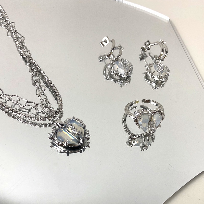 Bộ Trang Sức Vòng cổ Nhẫn Và Bông Tai Đính Đá zircon Trái Tim Nhỏ Lấp Lánh Sang Trọng Nhẹ Nhàng