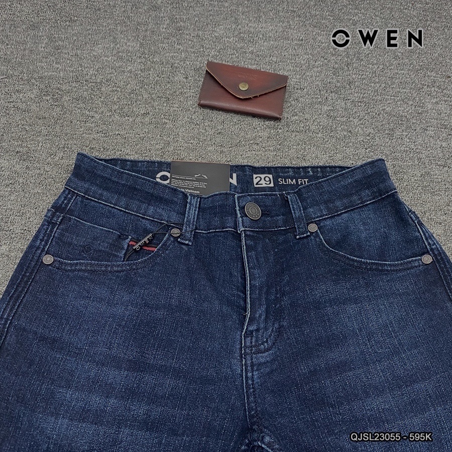Quần jean nam hàng hiệu Owen QJSL23055 dáng slim fit ống côn màu xanh đậm trơn vải bò denim cotton cao cấp bền đàn hồi