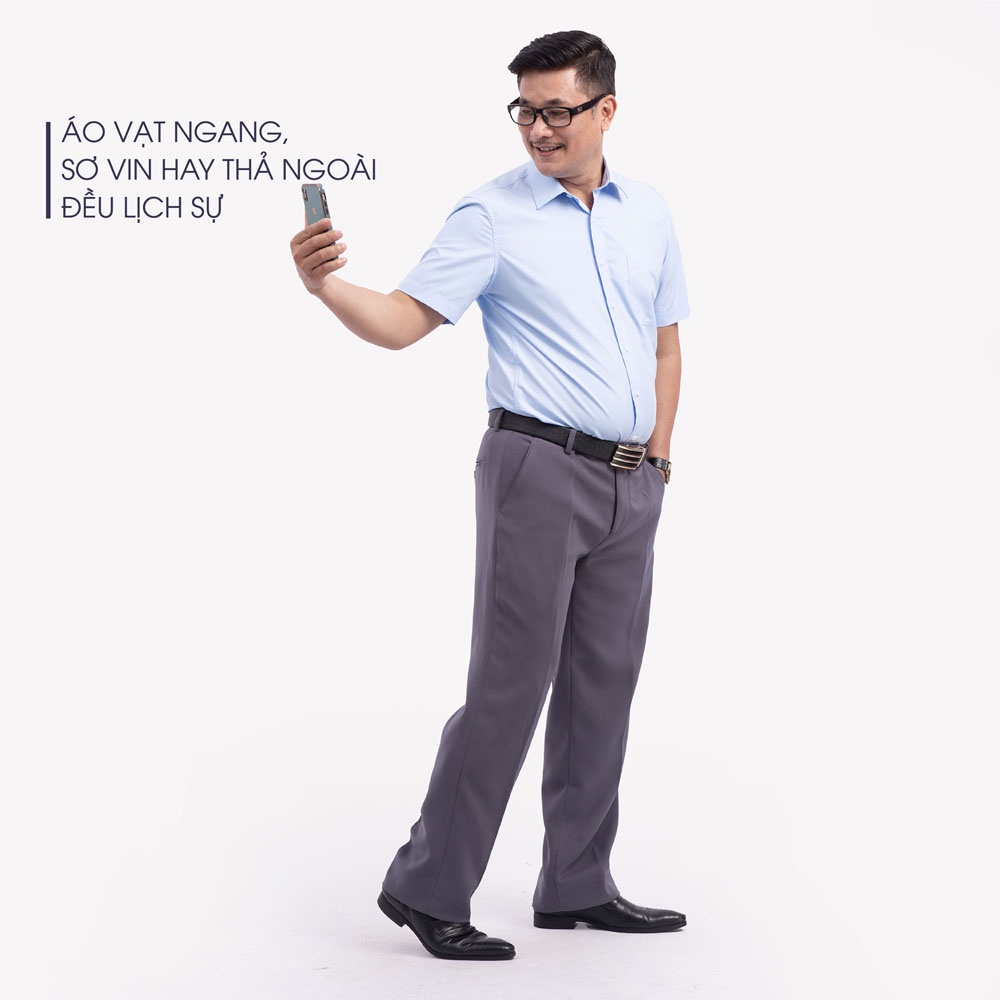 Áo Sơ Mi Nam Ngắn Tay Trung Niên ANCHI Classic Cotton Trơn Màu Xanh Nhạt Cao Cấp